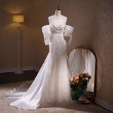 Cifeeo- Luxury Mermaid Sweetheart Tulle Sequin White Wedding Dresses With Removable Bownot B044