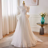 Cifeeo- Beautiful A line High Neckline Lace White Wedding Dresses With Bownot B038