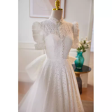 Cifeeo- Beautiful A line High Neckline Lace White Wedding Dresses With Bownot B038