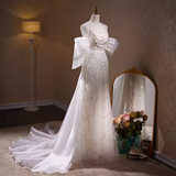 Cifeeo- Luxury Mermaid Sweetheart Tulle Sequin White Wedding Dresses With Removable Bownot B044