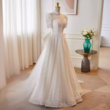 Cifeeo- Beautiful A line High Neckline Lace White Wedding Dresses With Bownot B038