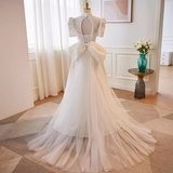 Cifeeo- Beautiful A line High Neckline Lace White Wedding Dresses With Bownot B038