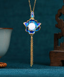 CIFEEO- Retro Blue Ancient Gold Jade Lotus Flower Tassel Pendant Necklace KX1071