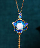 CIFEEO- Retro Blue Ancient Gold Jade Lotus Flower Tassel Pendant Necklace KX1071