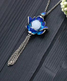 CIFEEO- Retro Blue Ancient Gold Jade Lotus Flower Tassel Pendant Necklace KX1071