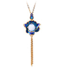 CIFEEO- Retro Blue Ancient Gold Jade Lotus Flower Tassel Pendant Necklace KX1071