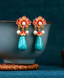 CIFEEO- Retro Colorblock Ancient Gold Overgild Inlaid Pearl Enamel Floral Drop Earrings DF1029