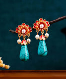 CIFEEO- Retro Colorblock Ancient Gold Overgild Inlaid Pearl Enamel Floral Drop Earrings DF1029