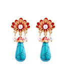 CIFEEO- Retro Colorblock Ancient Gold Overgild Inlaid Pearl Enamel Floral Drop Earrings DF1029