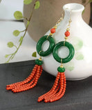 CIFEEO- 14K Gold Jade Tassel Circle Drop Earrings