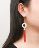 CIFEEO- 14K Gold Jade Tassel Circle Drop Earrings