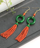 CIFEEO- 14K Gold Jade Tassel Circle Drop Earrings