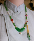 CIFEEO- Retro Green Jade Agate Pearl Coloured Glaze Tassel Pendant Necklace KX1027