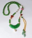 CIFEEO- Retro Green Jade Agate Pearl Coloured Glaze Tassel Pendant Necklace KX1027