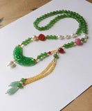 CIFEEO- Retro Green Jade Agate Pearl Coloured Glaze Tassel Pendant Necklace KX1027