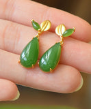 CIFEEO- Retro Green Sterling Silver Overgild Jade Water Drop Drop Earrings GH1019