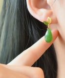 CIFEEO- Retro Green Sterling Silver Overgild Jade Water Drop Drop Earrings GH1019