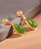 CIFEEO- Retro Green Sterling Silver Overgild Jade Water Drop Drop Earrings GH1019