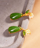 CIFEEO- Retro Green Sterling Silver Overgild Jade Water Drop Drop Earrings GH1019