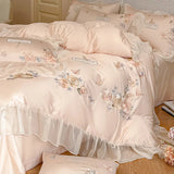 Cifeeo-Rose Flowers Embroidery Lace Ruffles Bedding Set Lyocell Cotton Soft Silky Cooling Duvet Cover Flat/Fitted Bed Sheet Pillowcases