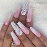 Cifeeo 24Pcs Marble Gradient Long Coffin False Nails Full Cover Nail Tips Press Glue Detachable Wearable Gold Foil Ballerina Fake Nails