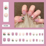 Cifeeo- 24pcs/box Press On False Nails Cute Nail Short Square Purple Flower Art Wearable Fake Nails With Wearing Tools As Gift