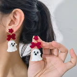 Cifeeo-Halloween Jewelry Fancy Resin Halloween Ghost Drop Earrings For Women Red Bowknot Flannel Ghost Dangle Earring Christmas Festival Party Jewelry