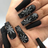 Cifeeo Christmas Party Ballerina False Nails Set Press On Nails Black French Coffin Fake Nail Tips With Designs Xmas Snowflake Manicure