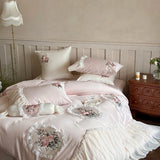 Cifeeo-Pink Flowers Embroidery Lace Ruffles Wedding Bedding Set 1000TC Egyptian Cotton Duvet Cover Flat/Fitted Bed Sheet Pillowcases