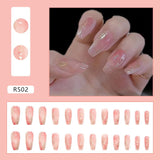 Cifeeo- Pink Simple Gradient Detachable Coffin False Nails Wearable Gold Foil Sequins Fake Nails Full Cover Nail Tips Press On Nails