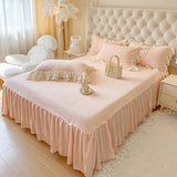 Cifeeo-Autumn and Winter Bedding Set Winter Warm Carved Velvet Bedding Set Pink Princess Lace Ruffles Removable Bow Duvet Cover Set Bedskirt Bedspread Pillowcases