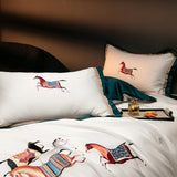 Cifeeo-high-end 100S Egyptian Cotton Luxury Galloping Horse Embroidery Bedding Set White Orange Duvet Cover Set Bed Sheet Pillowcases