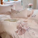 Cifeeo-3/4Pcs Flowers Embroidery Bow Wedding Bedding Set Single Queen King Size Egyptian Cotton Duvet Cover Set Bed Sheet Pillowcases