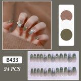 Cifeeo 24pcs Long Ballet French False Nails With Gradient Green Crystal Design Glitter Cat's Eye Fake Nail Tips Wearable Press On Nails