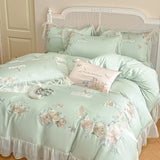 Cifeeo-Rose Flowers Embroidery Lace Ruffles Bedding Set Lyocell Cotton Soft Silky Cooling Duvet Cover Flat/Fitted Bed Sheet Pillowcases