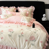 Cifeeo-100% Cotton Vintage Pink Red Rose Flowers Embroidery Wedding Bedding Set Princess Ruffles Duvet Cover Set Bed Sheet Pillowcases