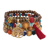 Cifeeo-Christmas Gift New Year's Eve Gift Boho Tree Of Life Bracelet Set For Women Fashion Tassels Charm Wooden Beads Elastic Chain Bangle Girl Trendy Party Jewelry