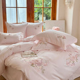 Cifeeo-3/4Pcs Pink Flowers Embroidery Egyptian Cotton Brushed Bedding Set Single Queen King Size Duvet Cover Set Bed Sheet Pillowcases