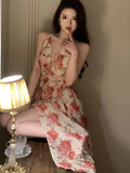 Cifeeo-Summer Sexy Beach Style Party Dress Women Korean Casual One Piece Sleeveless Floral Long Dress Lady V-neck Outwear