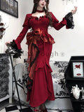 Cifeeo-new years eve outfits Christmas party outfits Autumn Red Vintage Dress Women Lace French Retro Elegant Evening Party Dress Female Long Sleeve Chic Midi Dress Halloween 2024