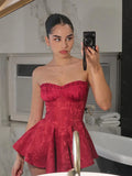 Cifeeo-new years eve outfits Christmas party outfits Chic Red Off-the-shoulder Backless Sleeveless Mini Dress Sexy Lace High Waist Slim Vestidos New Lady Cocktail Party Gown