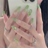 Black Friday  Cifeeo  Jelly Green Long Ballerina Nails Set Press On Coffin Fake Nail Tips With Designs Rhinestone Love French Tip Wearable False Nails