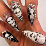 Cifeeo-Halloween Nails 24Pcs Glossy Long Almond Halloween Press On Nails Black And White Horror Style Fake Nails With Rhinestone Reusable False Nails