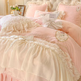 Cifeeo-Autumn and Winter Bedding Set Pink Romantic French Rose Bedding Set, Velvet Fleece Duvet Cover, Lace Ruffles, Flowers Embroidery, Bed Sheet, Pillowcases