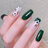 Cifeeo Green Glossy French Tips Coffin Fake Nails With Designs Lovely White Flower Ballerina False Nails Press On Nails DIY Manicure