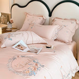 Cifeeo-Pink Vintage Rose Flowers Embroidery Princess Bedding Set, 100s Egyptian Cotton, Curve Edge Duvet Cover, Bed Sheet, Pillowcases