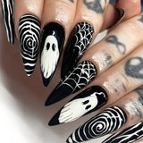 Cifeeo-Halloween Nails 24Pcs Halloween Press on Nail Ghost Water Drop False Nail Threaded Personalized Ghost Face Fake Nails For Women and Girl