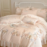 Cifeeo-Rose Flowers Embroidery Lace Ruffles Bedding Set Lyocell Cotton Soft Silky Cooling Duvet Cover Flat/Fitted Bed Sheet Pillowcases