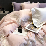 Cifeeo-Pink Purple Luxury Embroidery Bedding Set 1000TC Egyptian Cotton Rose Jacquard Lace Edge Duvet Cover Set Bed Sheet Pillowcases