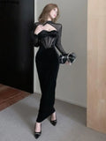 Cifeeo-Sexy Velvet Maxi Dress Women Long Sleeve Mesh Patchwork Hollow Out Autumn Winter Elegant Lace Bodycon Evening Party Vestidos New